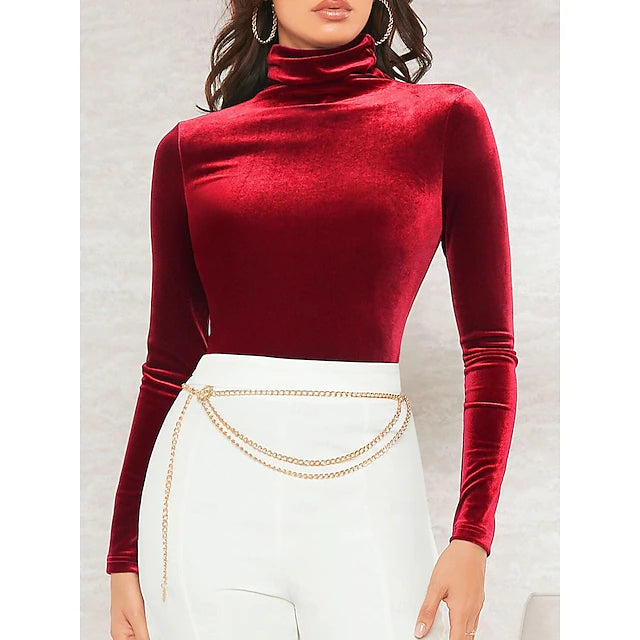Women's Christmas Velvet High Neck Long Sleeve Top – Elegant Solid Color Dressy Blouse for Party & Casual Wear