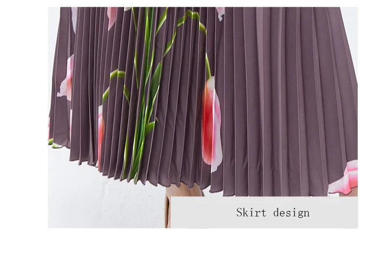 Luxury Floral Print Pleated Skirt and Top Set