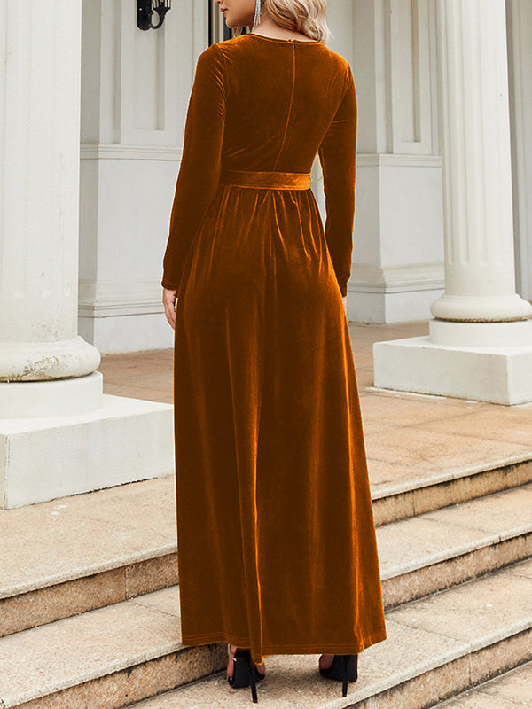 Long Sleeves Wrap Belted Pleated Solid Color Zipper Round-Neck Maxi Dresses