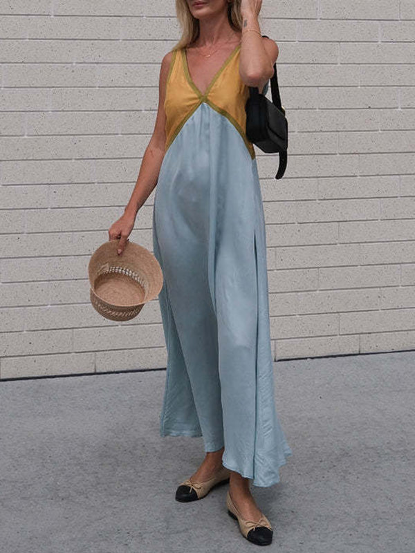 Loose Sleeveless Contrast Color Split-Joint Deep V-Neck Maxi Dresses