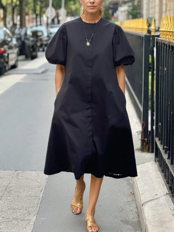 A-Line Loose Pleated Pockets Solid Color Round-Neck Midi Dresses