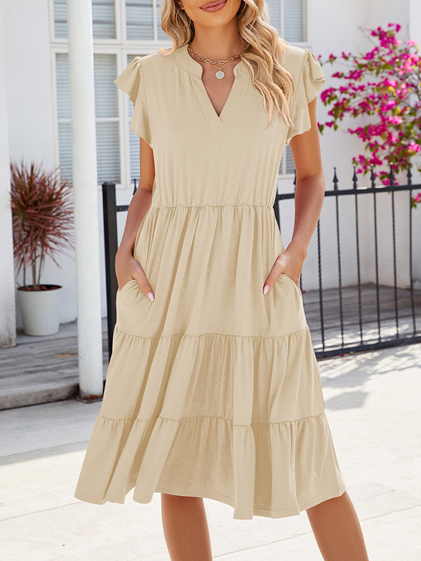 Loose Ruffle Sleeves Pleated Pockets Solid Color Split-Joint V-Neck Midi Dresses