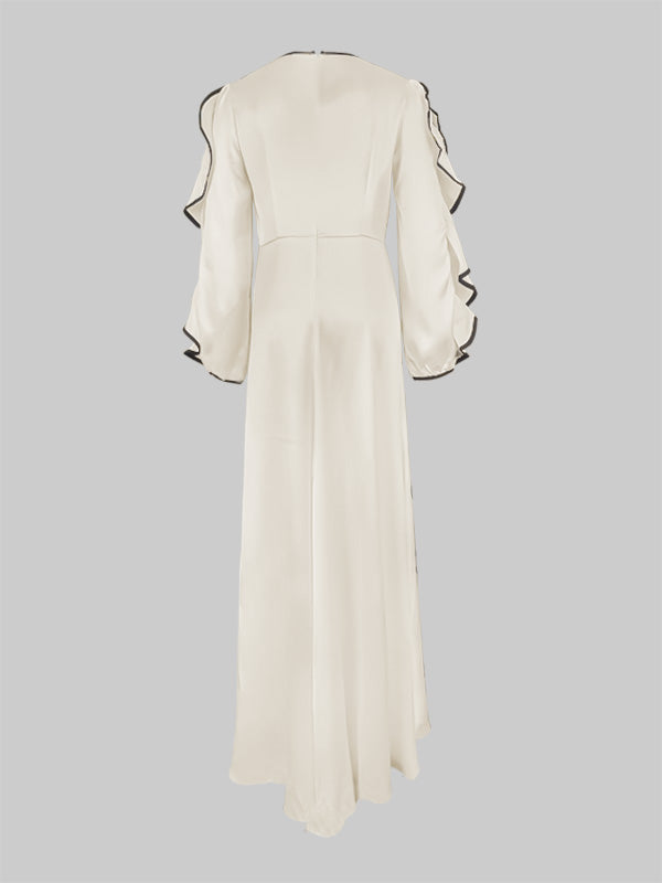 Loose Contrast Color Falbala Flower Print Hollow Zipper Maxi Dresses