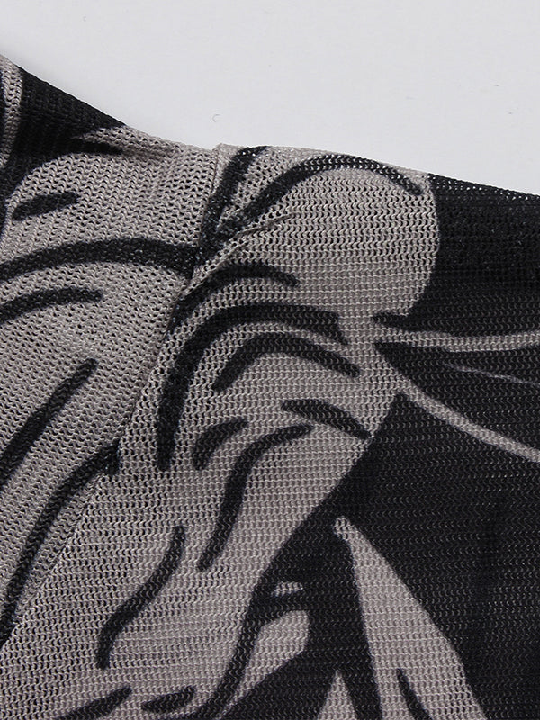 Long Sleeves Skinny Printed See-Through Split-Joint High Neck Evening Dresses Maxi Dresses