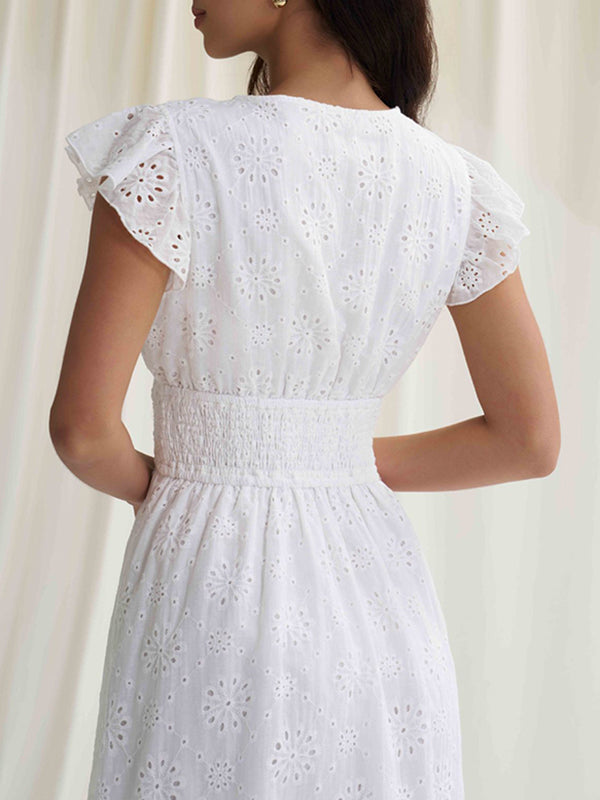 A-Line Loose Elasticity Hollow Pleated Solid Color V-Neck Mini Dresses