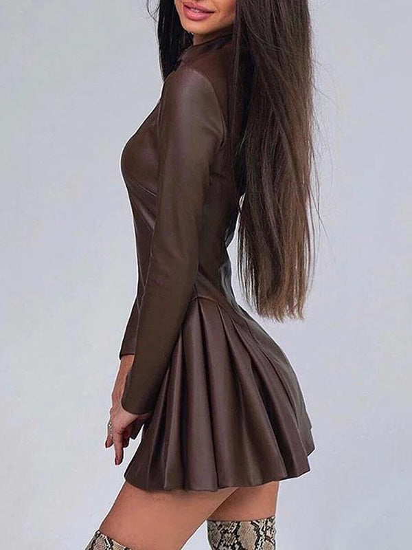 Long Sleeves Skinny Pleated Split-Joint Zipper Stand Collar Mini Dresses