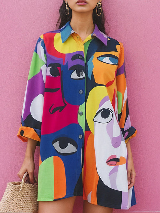 Long Sleeves Loose Abstract Printed Asymmetric Split-Joint Lapel Mini Dresses Shirt Dress