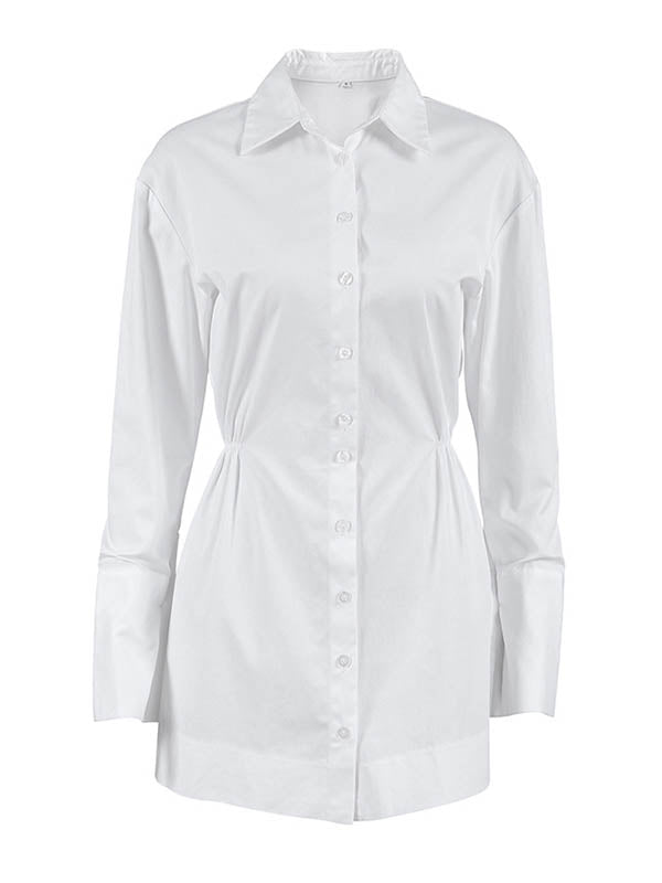High Waisted Long Sleeves Buttoned Pleated Solid Color Lapel Mini Dresses Shirt Dress
