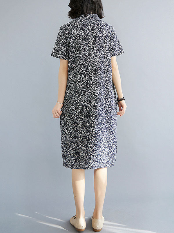 Artistic Retro Floral Printed Stand Collar Short Sleeves Cheongsam Midi Dress
