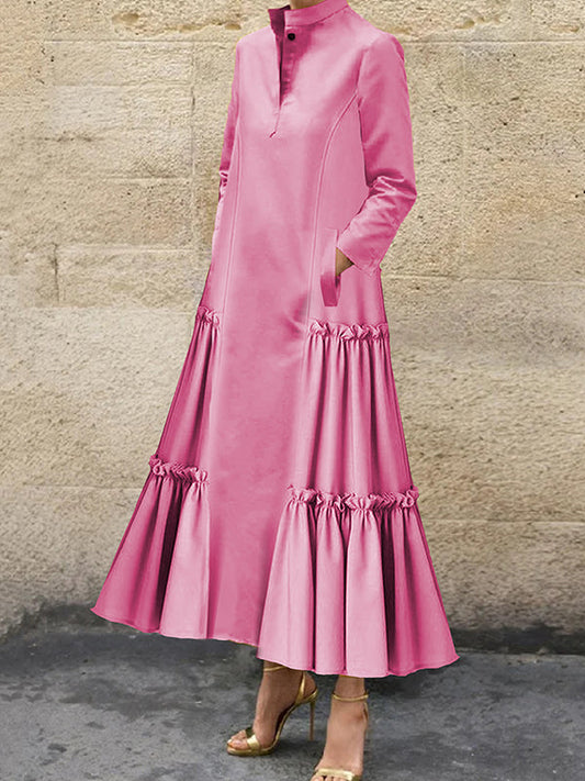 A-Line Long Sleeves Buttoned Layered Pleated Pockets Ruffled Solid Color Split-Joint Stand Collar Maxi Dresses