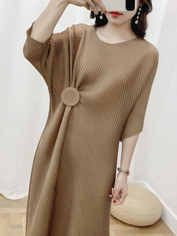 Half Sleeves Irregular Clipping Pleated Solid Color Round-Neck Midi Dresses