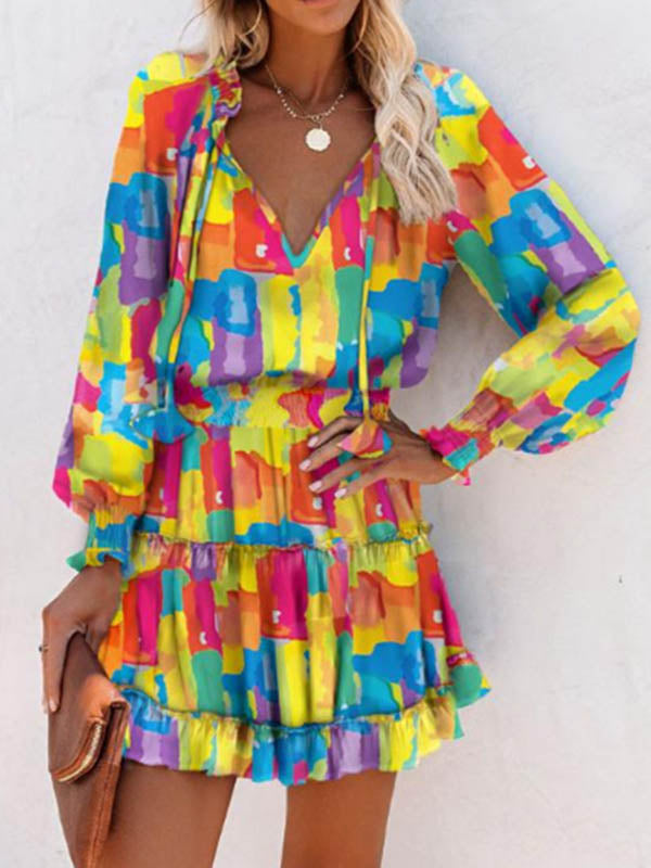 A-Line Long Sleeves Contrast Color Pleated Split-Joint Tied V-Neck Mini Dresses