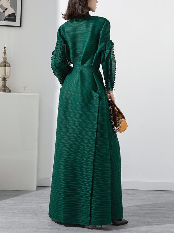 Casual Long Sleeves Loose Tied Pleated Stand Collar Midi Dresses