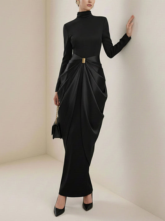 Long Sleeves Buckle Draped High-Neck Evening Dresses Maxi Dresses