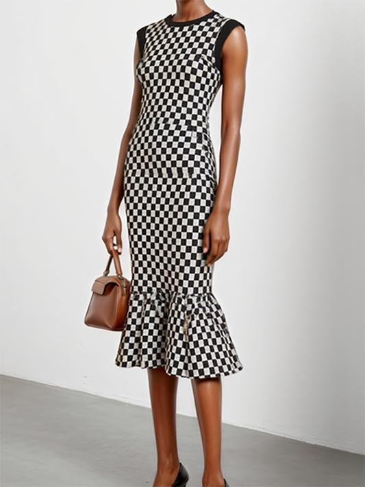 Bodycon Mermaid Contrast Color Plaid Pleated Round-Neck Midi Dresses Sweater Dresses