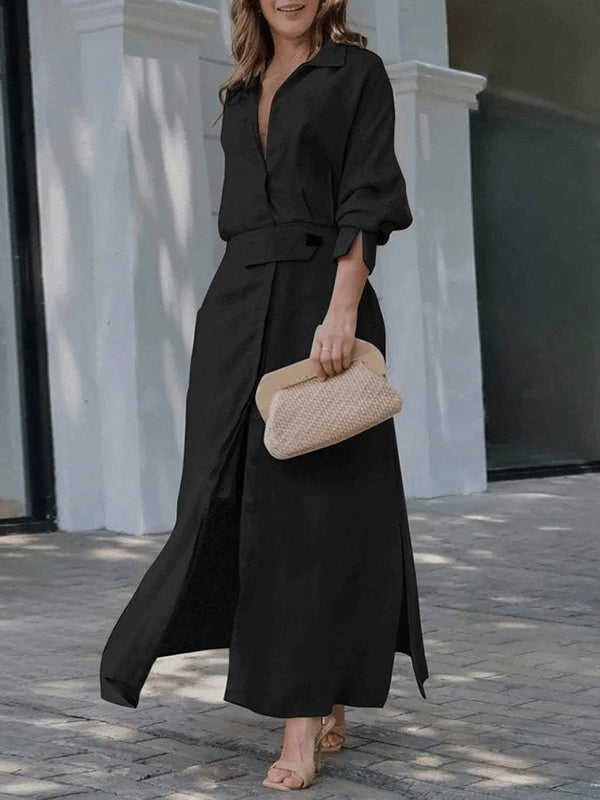 Long Sleeves Loose Split-Joint Split-Side V-Neck Maxi Dresses Shirt Dress