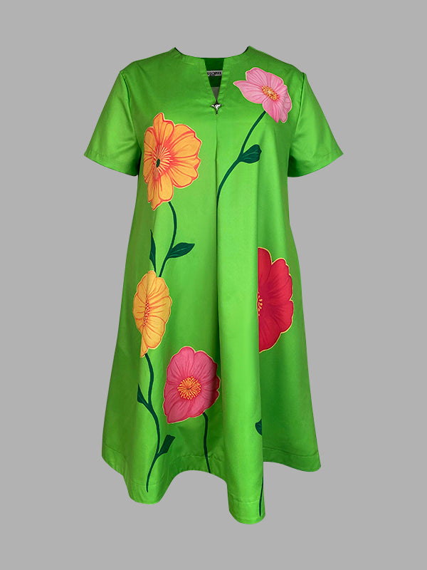 A-Line Loose Flower Print V-Neck Midi Dresses