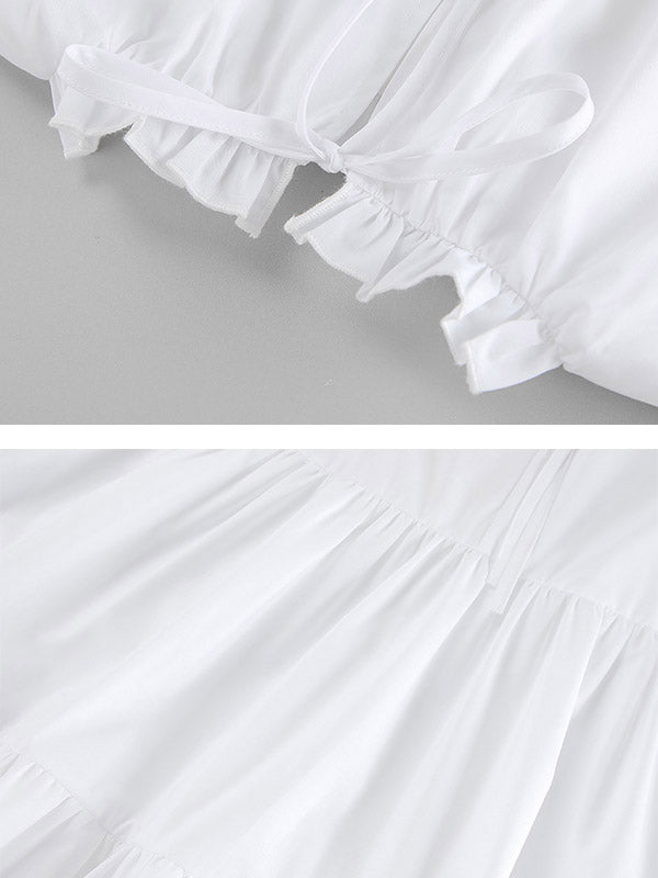 A-Line Loose Pleated Ruffled Solid Color Split-Joint Round-Neck Mini Dresses Shirt Dress