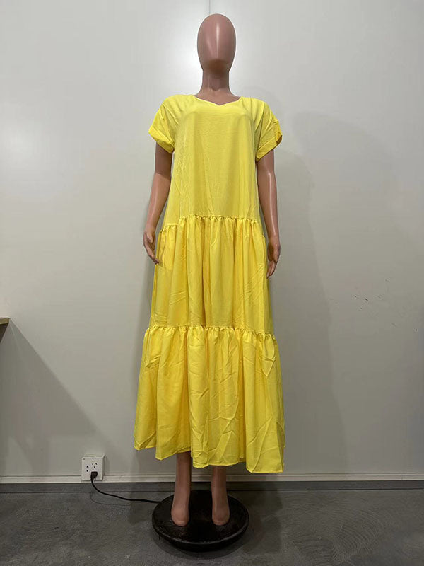 A-Line Loose Pleated Solid Color Split-Joint V-Neck Maxi Dresses