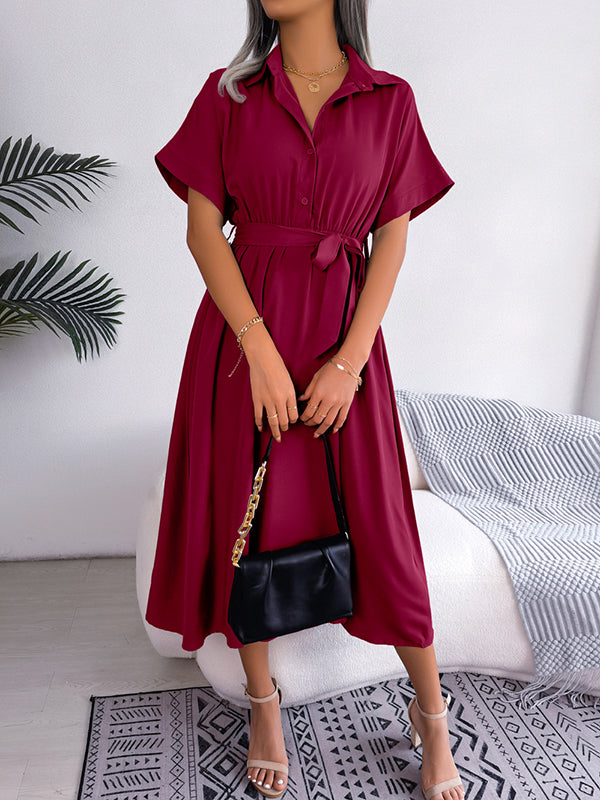 Loose Short Sleeves Solid Color Split-Joint Tied Waist Lapel Midi Dresses Shirt Dress