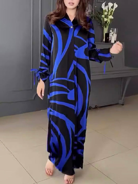 Long Sleeves Loose Buttoned Contrast Color Printed Maxi Dresses Shirt Dress