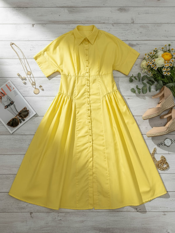 Loose Short Sleeves Buttoned Pleated Solid Color Lapel Collar Midi Dresses Shirt Dress