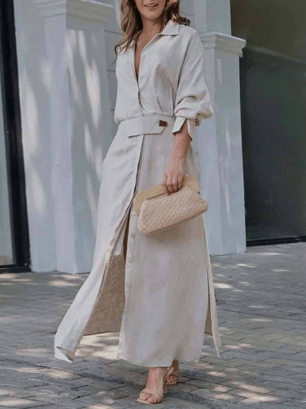 Long Sleeves Loose Split-Joint Split-Side V-Neck Maxi Dresses Shirt Dress