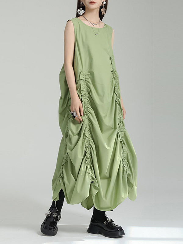 Loose Sleeveless Asymmetric Elasticity Pleated Solid Color Round-Neck Midi Dresses