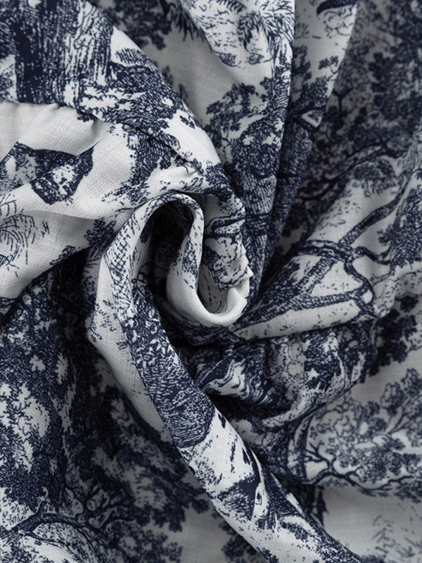 Loose Puff Sleeves Pleated Printed Split-Joint Tied Waist Lapel Mini Dresses Shirt Dress