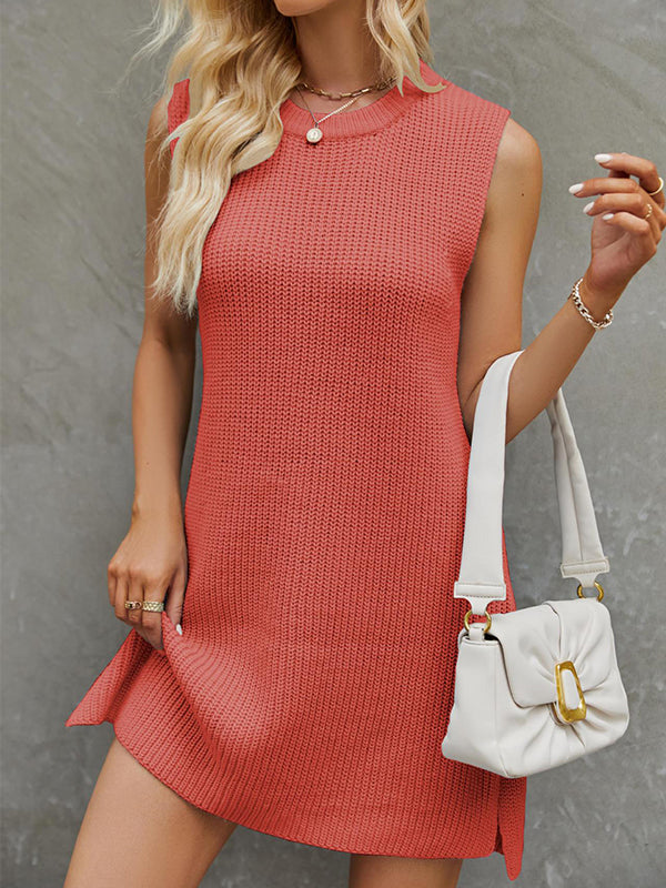 A-Line Loose Solid Color Split-Side Tied Waist Round-Neck Mini Dresses Sweater Dresses