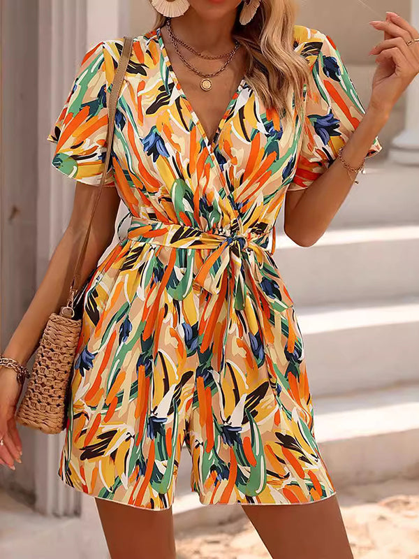High Waisted Loose Printed Tied Waist V-Neck Mini Dresses