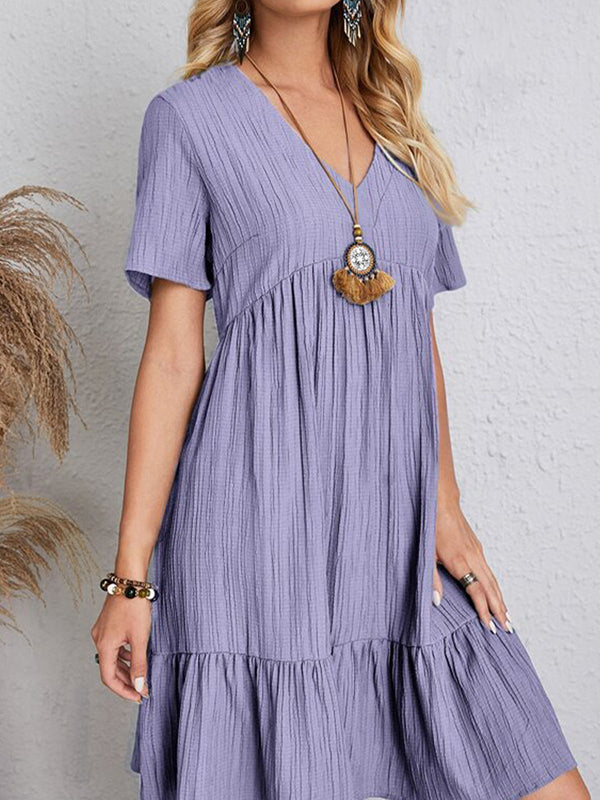 A-Line Loose Pleated Solid Color Split-Joint V-Neck Mini Dresses