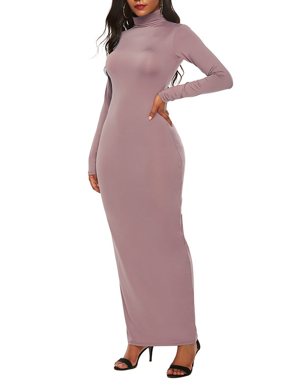 Bodycon Long Sleeves Solid Color High Neck Maxi Dresses