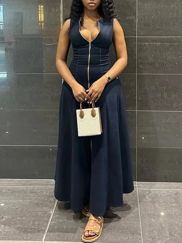 High Waisted Loose Solid Color Split-Front Zipper V-Neck Maxi Dresses
