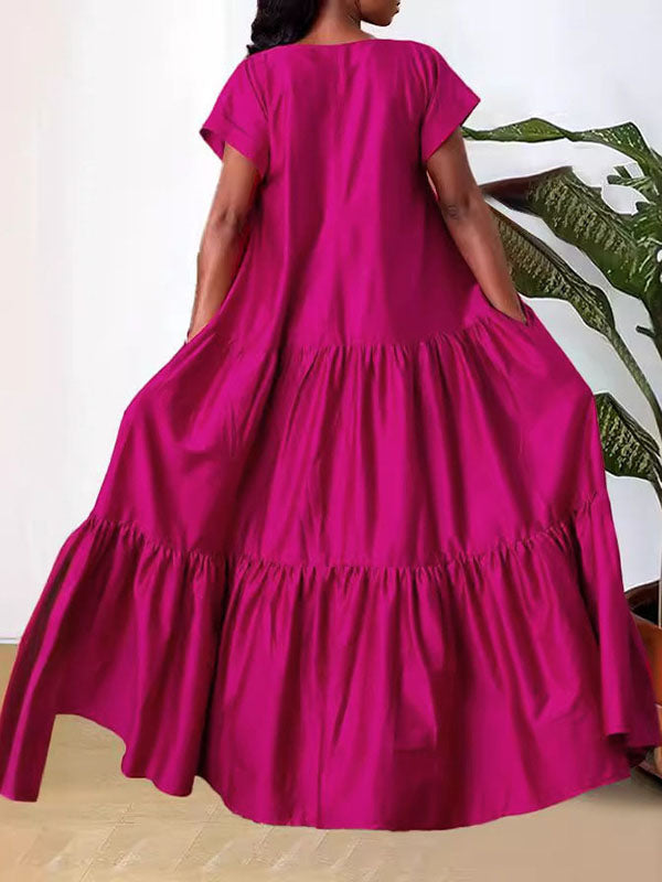 A-Line Loose Pleated Solid Color Split-Joint V-Neck Maxi Dresses