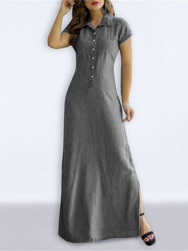 High Waisted Plus Size Buttoned Pockets Split-Side Lapel Maxi Dresses