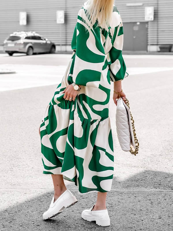 Long Sleeves Loose Contrast Color Pleated Printed Split-Joint Tied Waist Lapel Shirt Dress