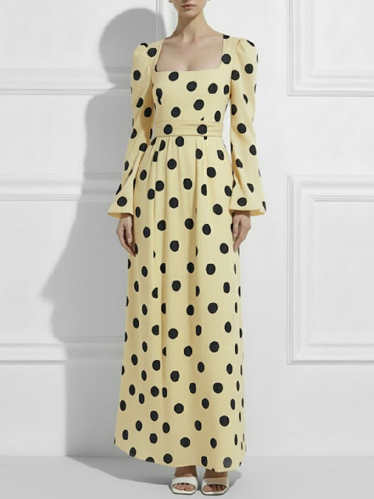 High Waisted Polka Dot Square-Neck Maxi Evening Dresses