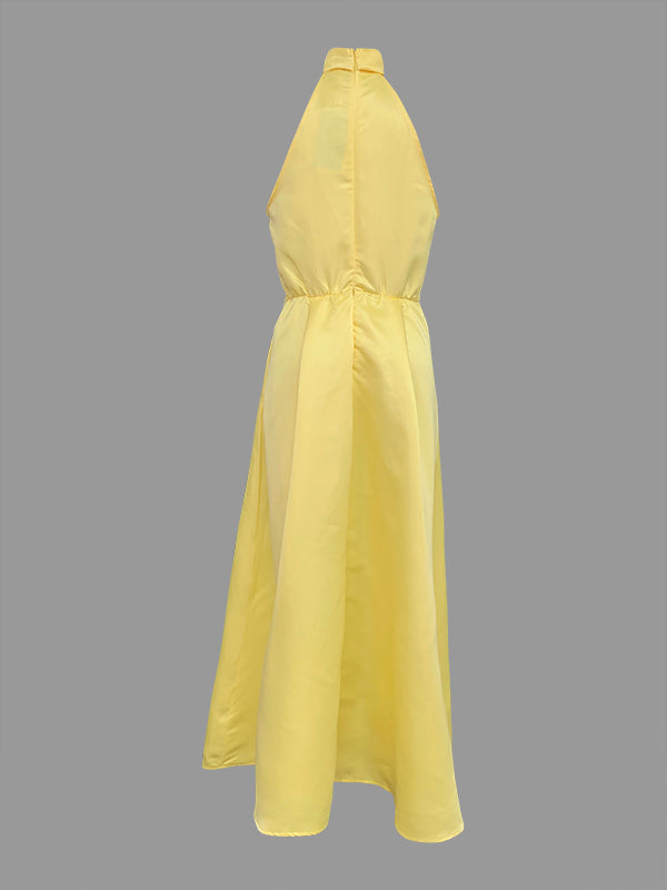 A-Line Loose Belted Pleated Pockets Solid Color V-Neck Midi Dresses