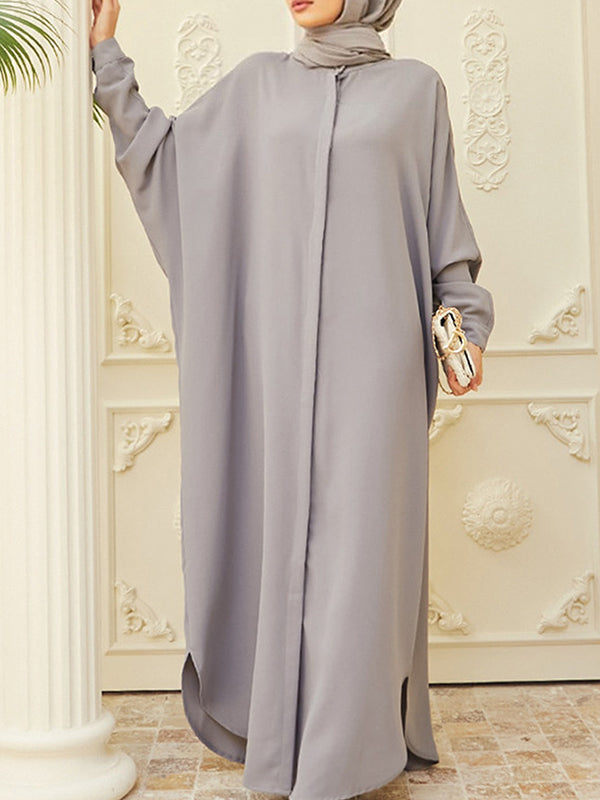 Batwing Sleeves Loose Buttoned Muslim Solid Color Split-Side Round-Neck Maxi Dresses