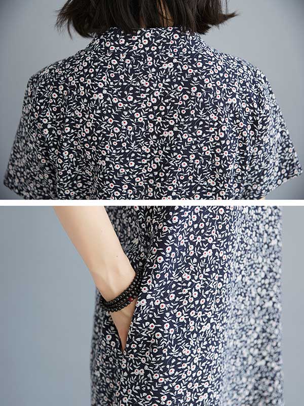 Artistic Retro Floral Printed Stand Collar Short Sleeves Cheongsam Midi Dress