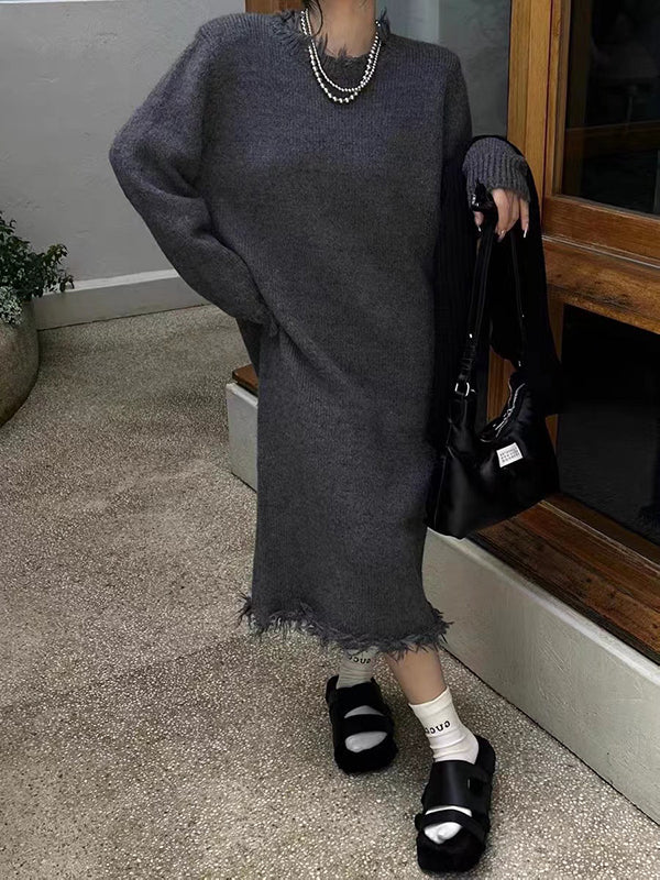 High Waisted Long Sleeves Fringed Solid Color Round-Neck Midi Dresses Sweater Dresses