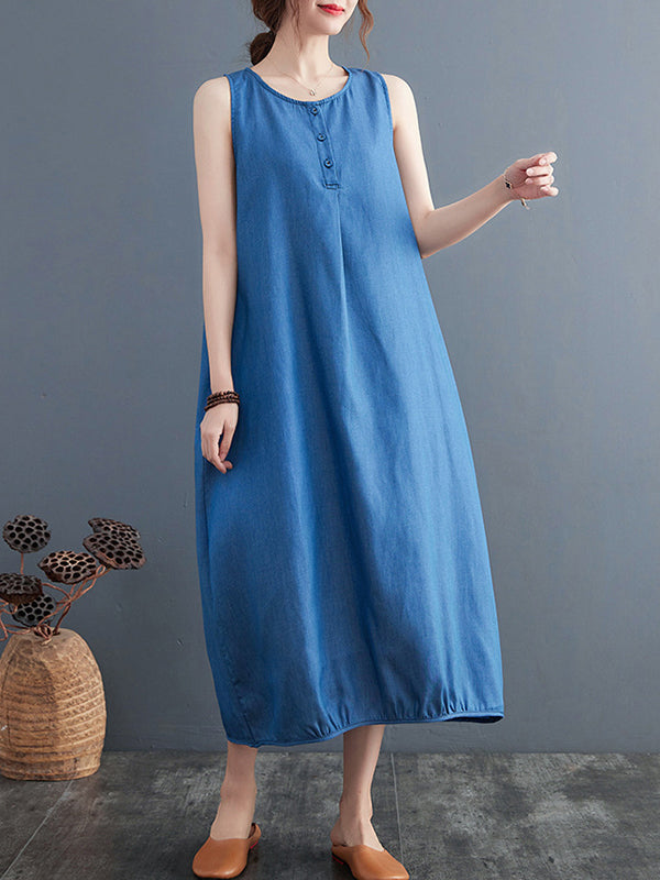 A-Line Loose Buttoned Pleated Solid Color Round-Neck Midi Dresses