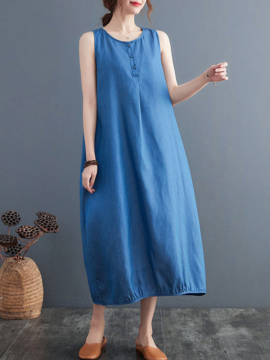 A-Line Loose Buttoned Pleated Solid Color Round-Neck Midi Dresses