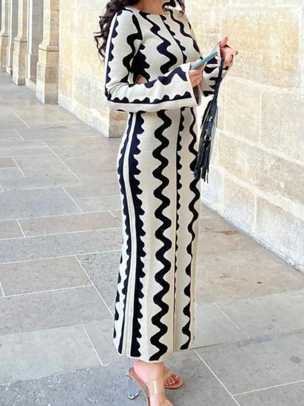High Waisted Long Sleeves Hollow Printed Round-Neck Maxi Dresses