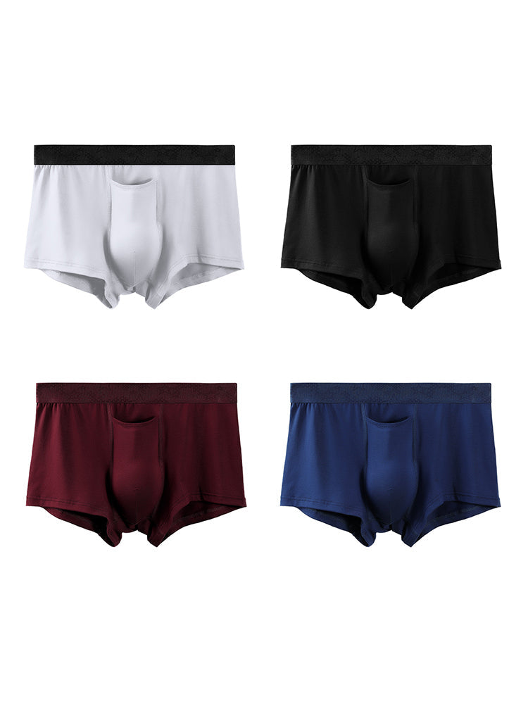 4 Pack Men's Solid Color Separation Pouch Style Separated Breathable Rayon Trunks