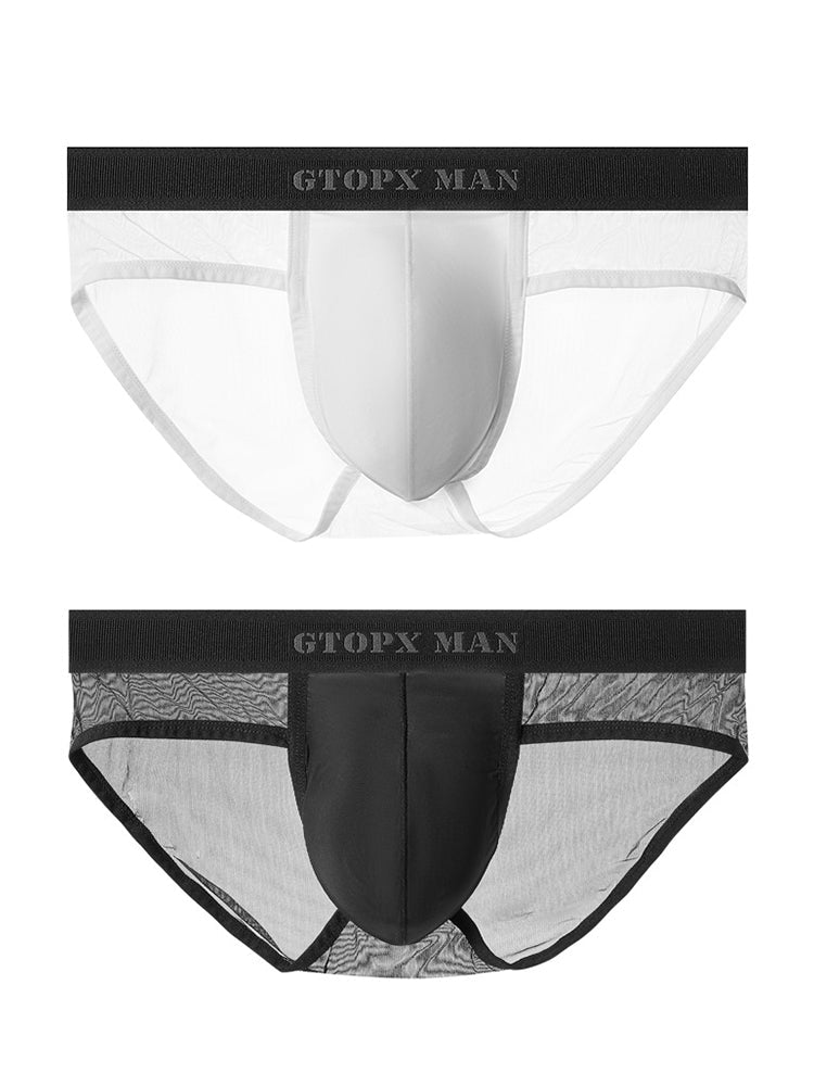 2 Pack Men's Ice Silk Semi-Transparent Mesh U-Convex Pouch Breathable Sexy Sport Briefs