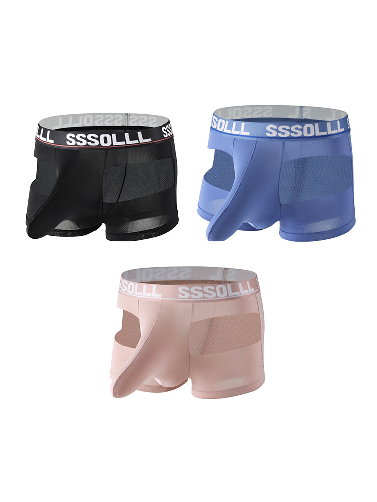 3 Pack Men's Mid-Rise Ice Silk Hollow-Out Trunks