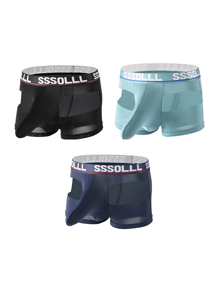 3 Pack Men's Mid-Rise Ice Silk Hollow-Out Trunks