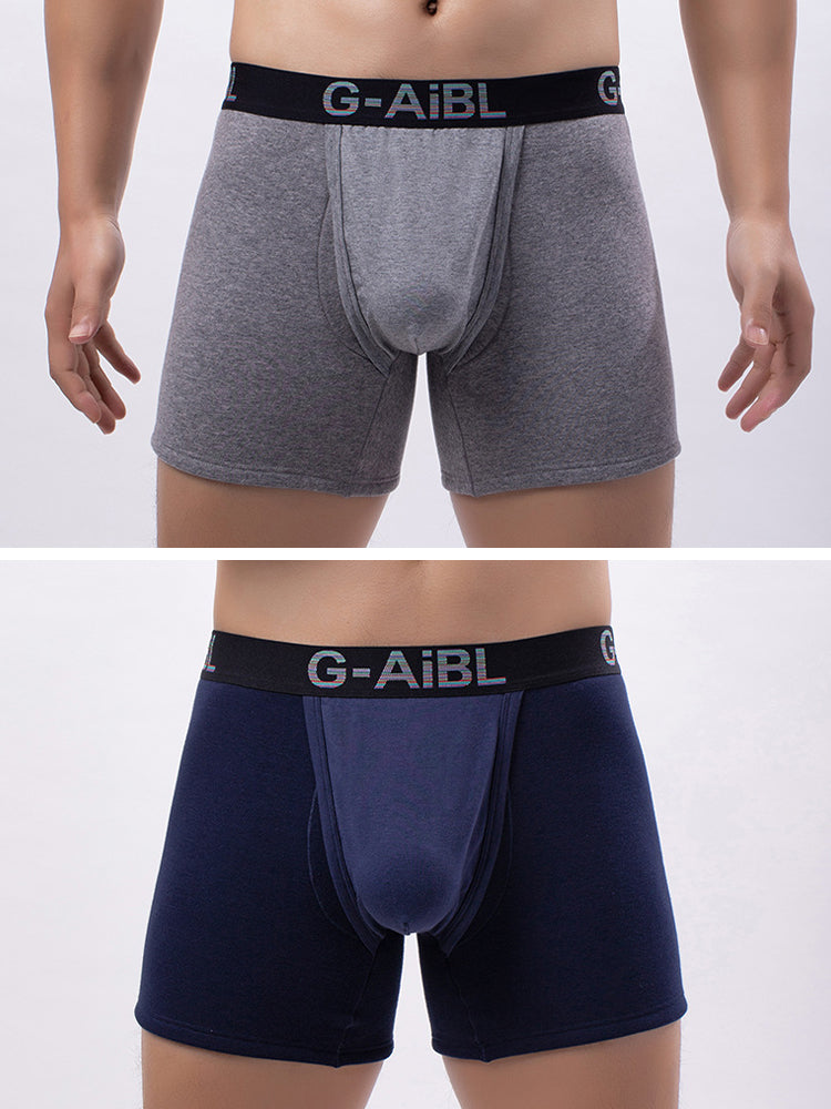 2 Pack Men's Solid Color Bullet Separated U-Pocket Plush Boxer Briefs